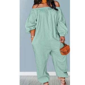 Womens‎ Off Shoulder Jumpsuit Long Sleeve Pockets Elastic Waist Mint Green